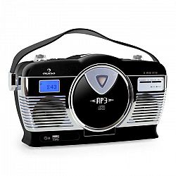 Auna RCD-70BL, retro rádio, FM, USB, CD, MP3, batéria, čierne